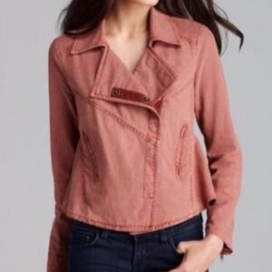 Free People Rosewood Washed Linen-Blend Moto Jacket, Dusty Pink,Small, Boho Chic